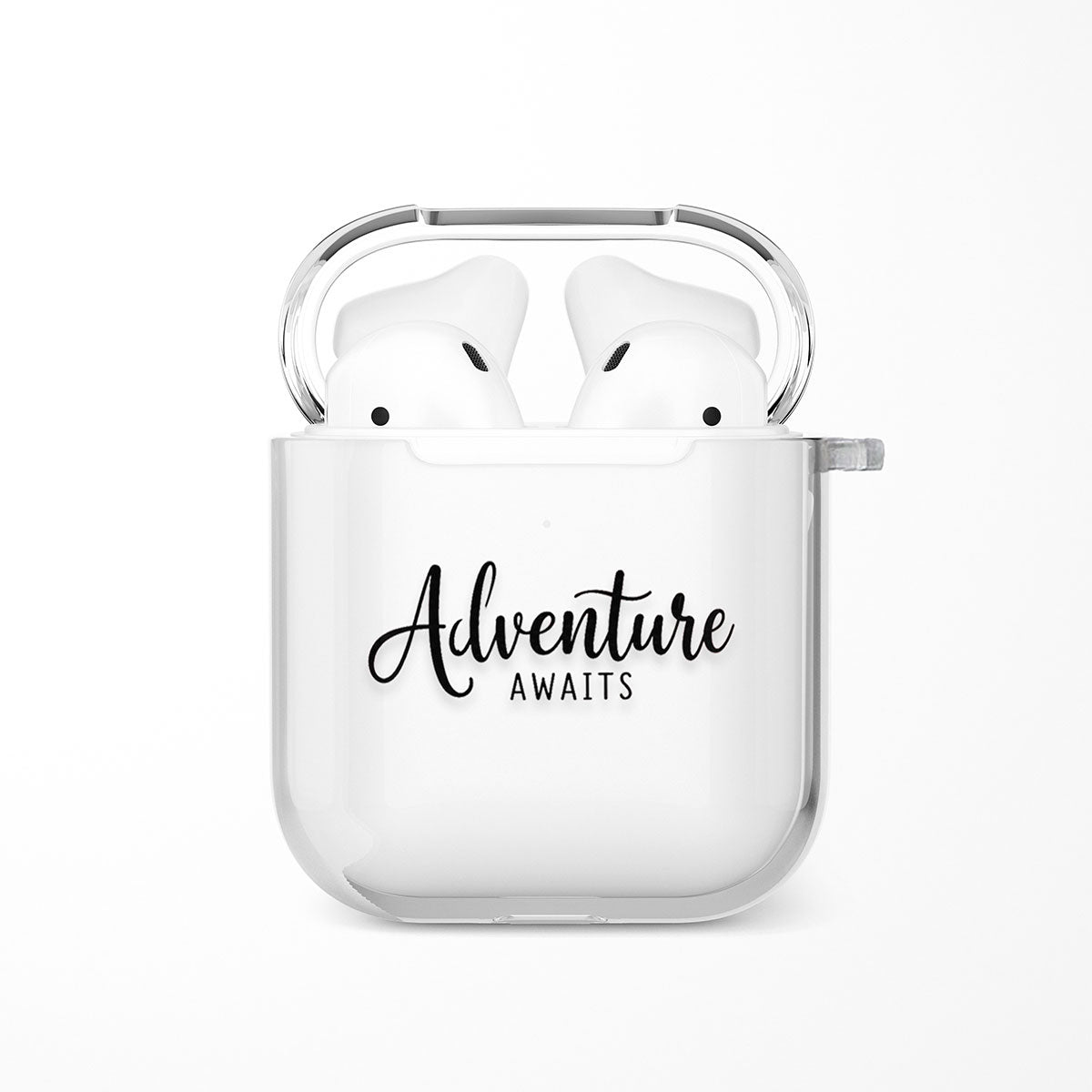 Adventure Awaits AirPods case with cursive travel motto on clear TPU shell