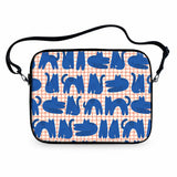 Blue Cats laptop sleeve with playful blue cat pattern on red grid with carrying strap