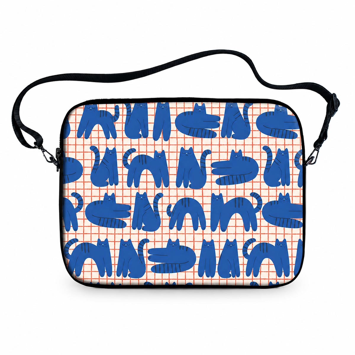 Blue Cats laptop sleeve with playful blue cat pattern on red grid with carrying strap