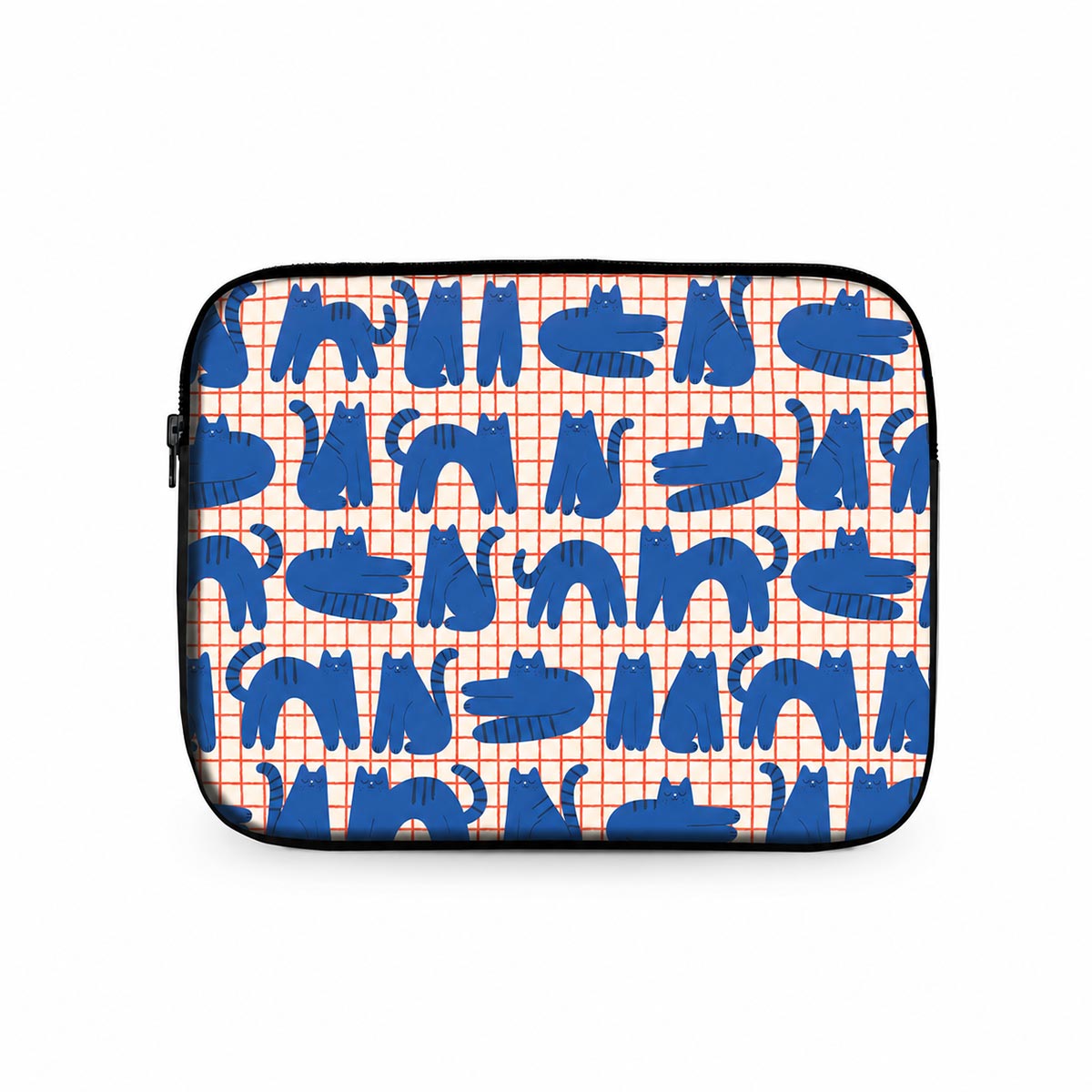 Blue Cats laptop sleeve with playful blue cat pattern on red grid without strap