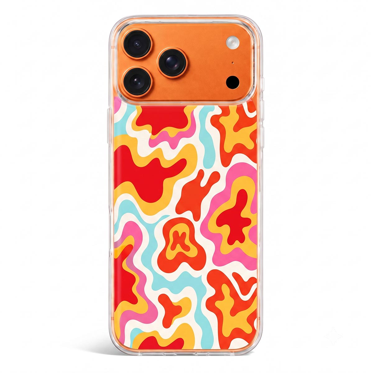 Groovy Swirl phone case with retro liquid pattern in orange red pink teal and yellow