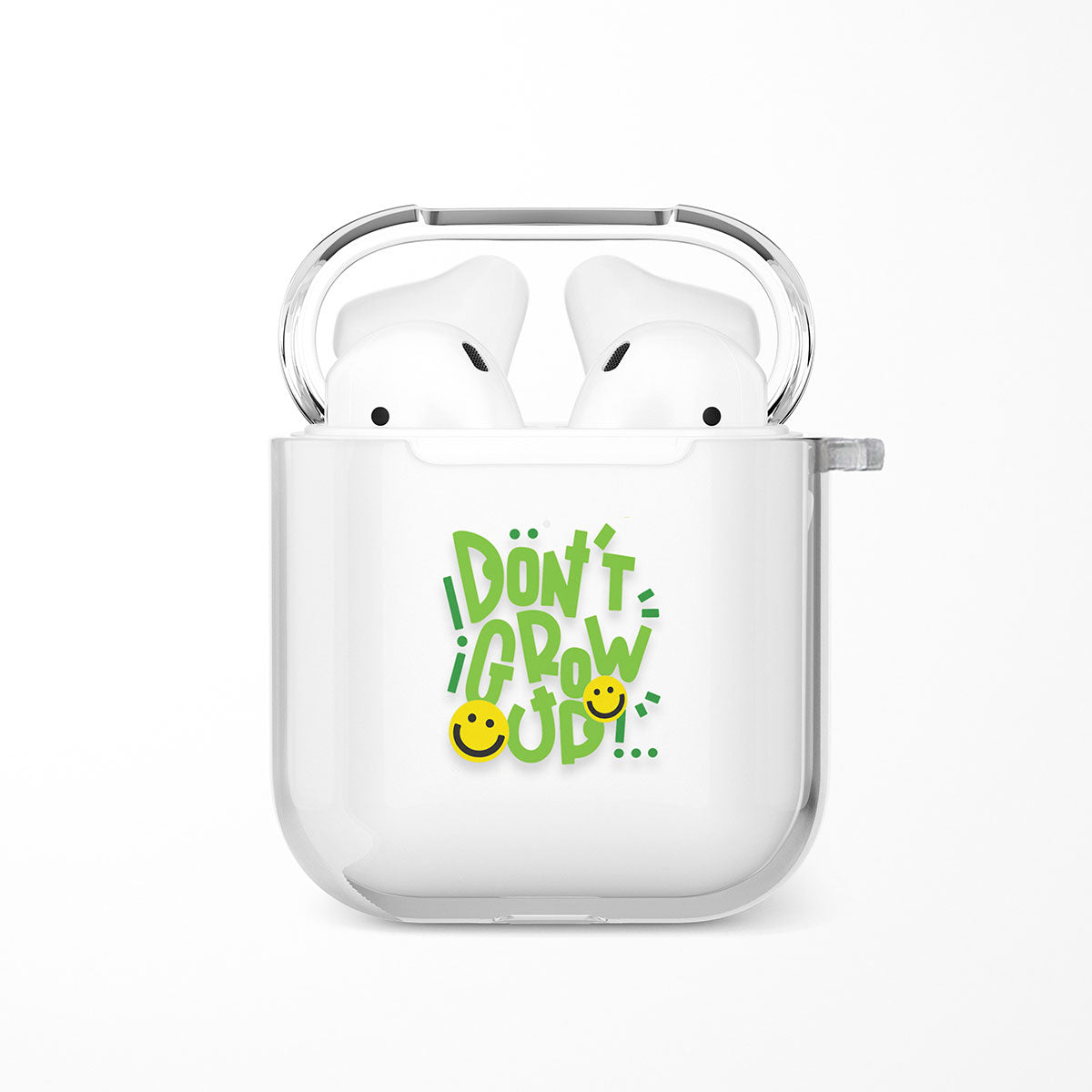 Dont Grow Up AirPods case with green graffiti letters and yellow smiley faces on clear TPU shell
