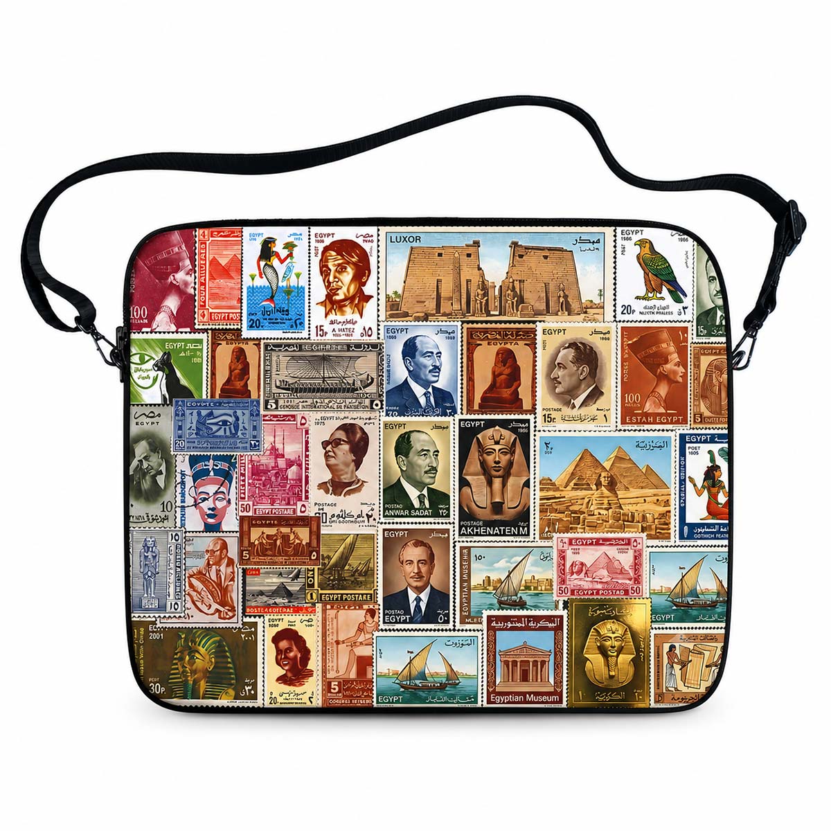 Egypt Stamps laptop sleeve with vintage Egyptian postage stamps pharaohs pyramids and Nefertiti with carrying strap
