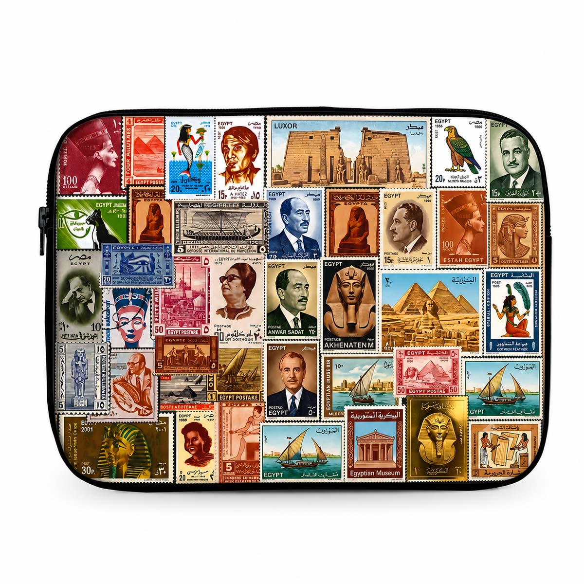 Egypt Stamps laptop sleeve vintage Egyptian postage collage without strap