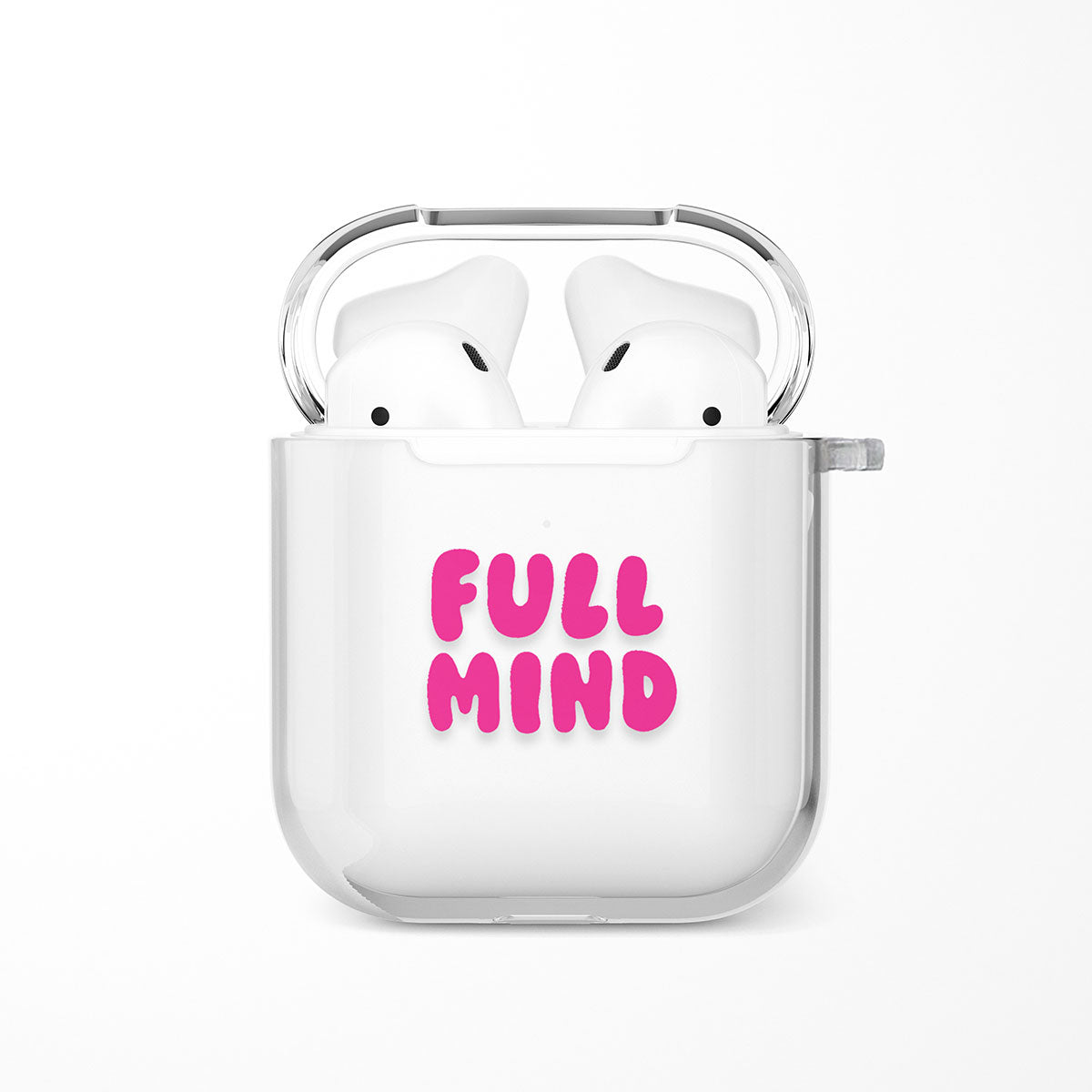 Full Mind AirPods case with bold pink bubble letters on clear TPU shell