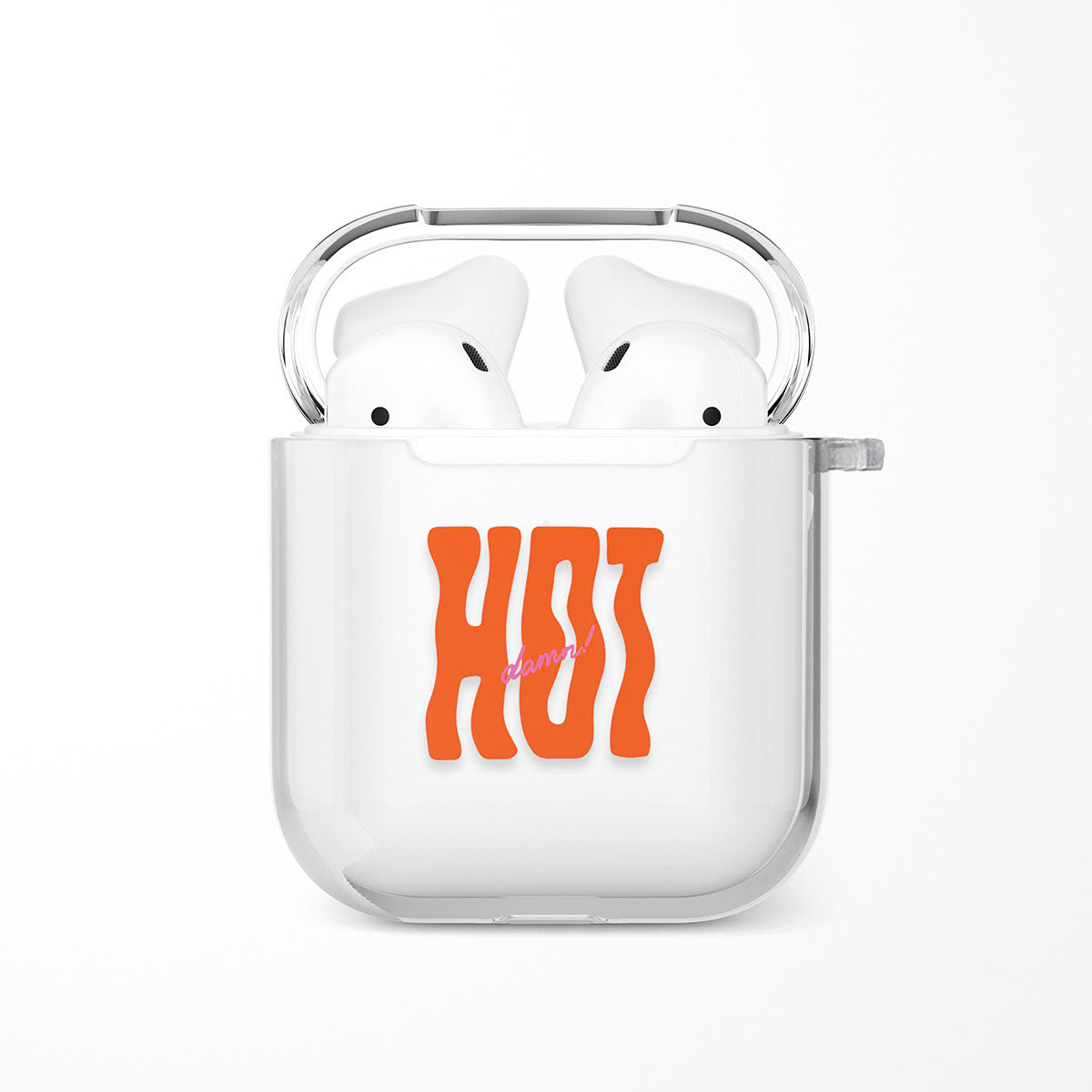 Hot Damn AirPods case with wavy orange letters and pink cursive accent on clear TPU shell