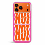 Hot Damn phone case with wavy orange letters on pink background