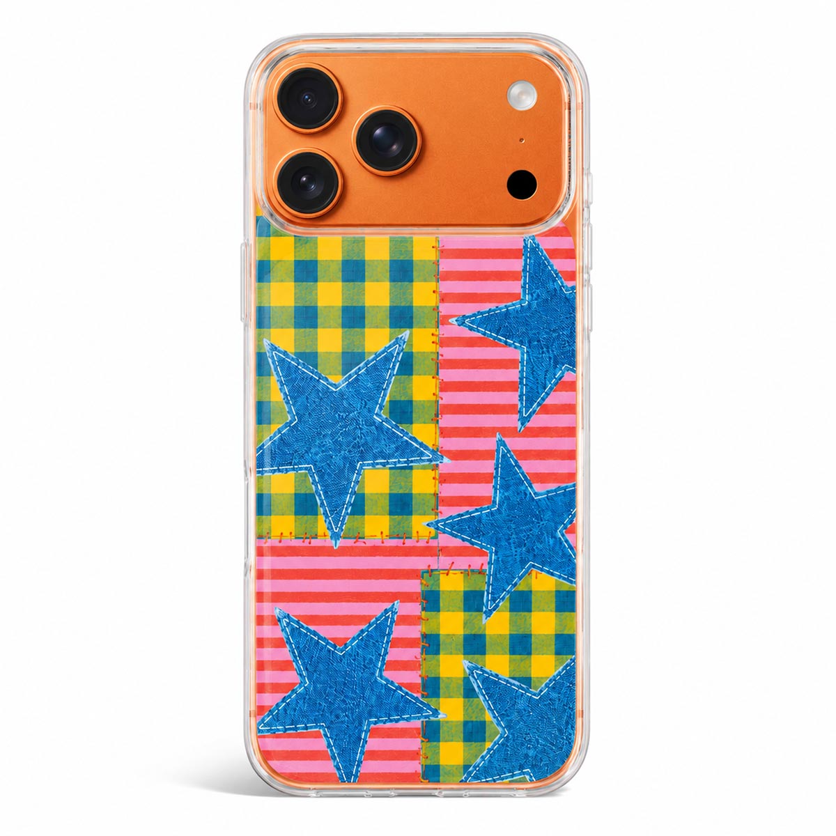 Denim Star phone case with blue jeans stars on plaid and pink stripe patchwork