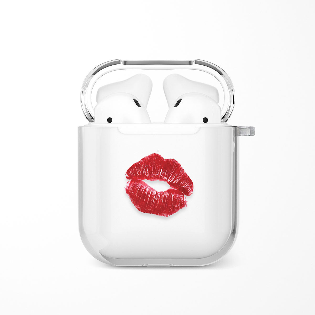 Kisses AirPods case with bold red lipstick kiss mark on clear TPU shell