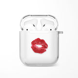 Kisses AirPods case with bold red lipstick kiss mark on clear TPU shell