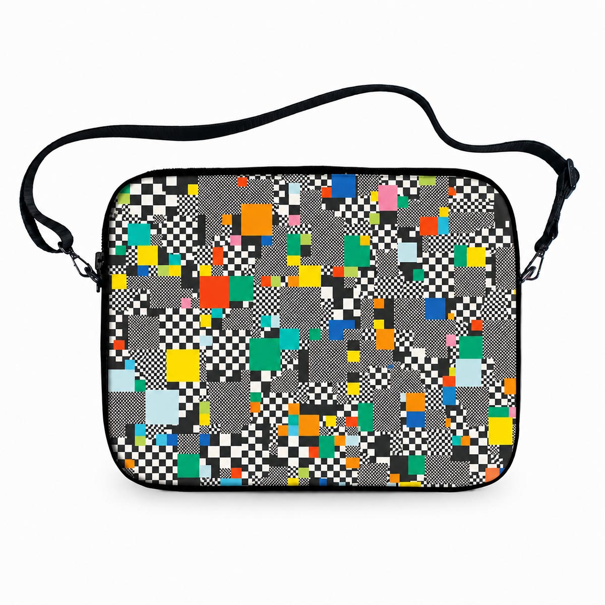Glitch laptop sleeve with colorful pixel static no signal print with carrying strap
