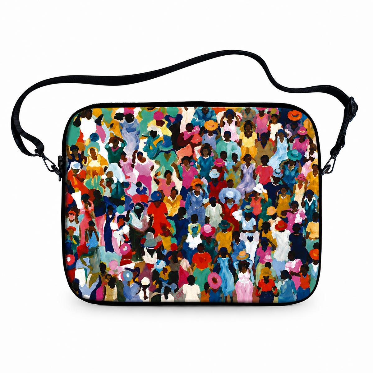 Crowd laptop sleeve with colorful painted people art print with carrying strap