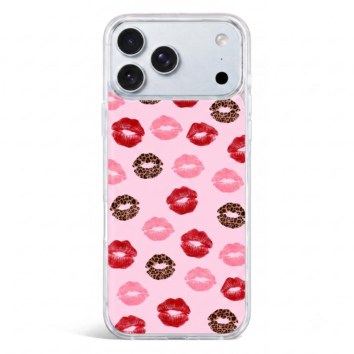 Pinky Kisses phone case with red pink and leopard lipstick kiss marks on pink background