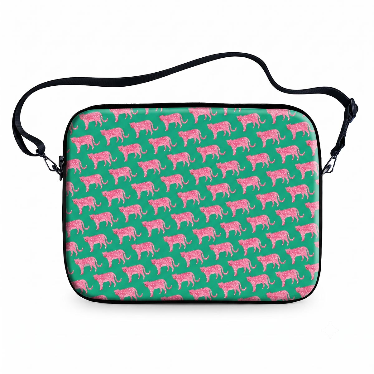 Pink Tigers laptop sleeve with pink tiger pattern on green background with carrying strap