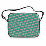 Pink Tigers laptop sleeve with pink tiger pattern on green background with carrying strap