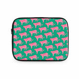 Pink Tigers laptop sleeve with pink tiger print on green without strap