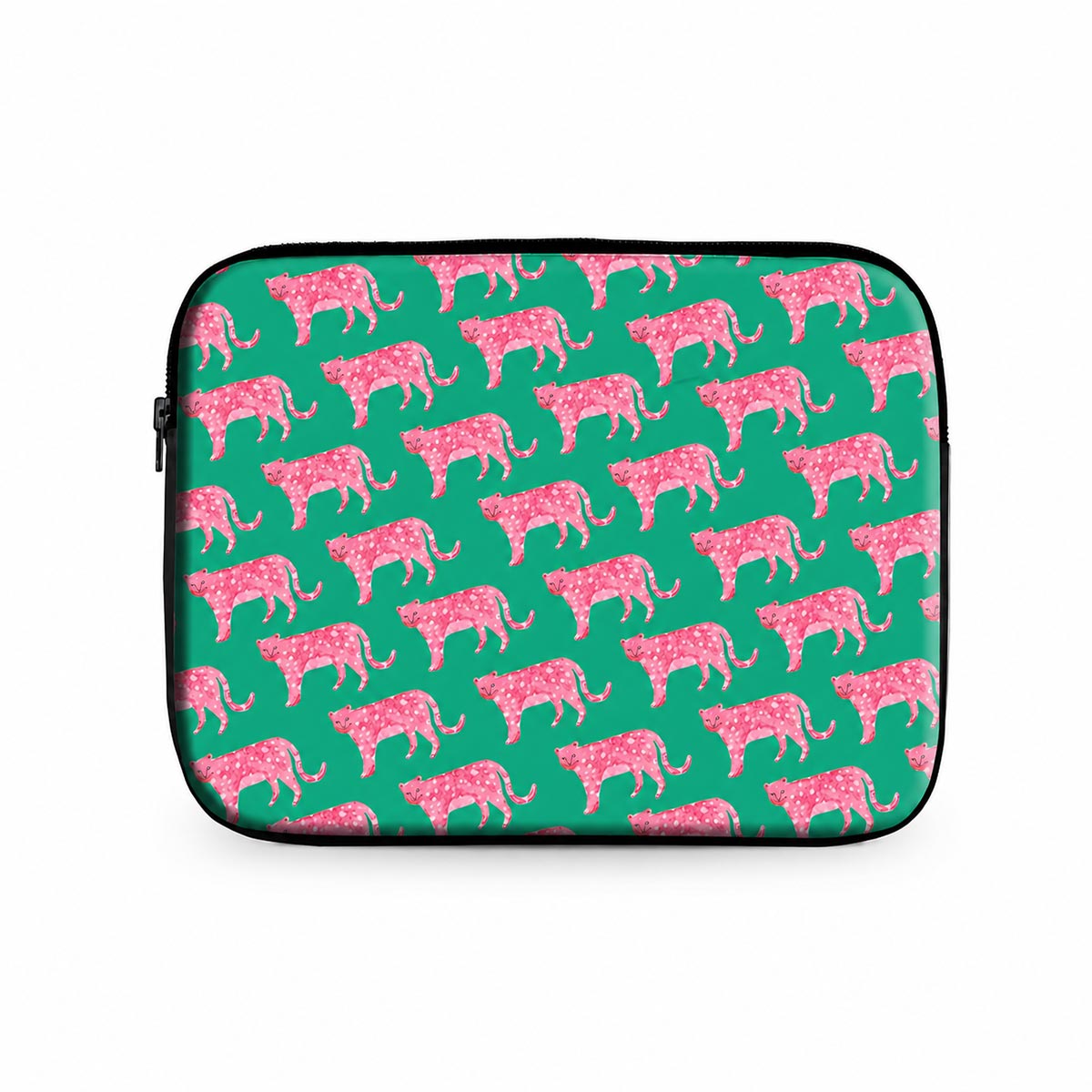 Pink Tigers laptop sleeve with pink tiger print on green without strap