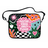 Positive Vibes Only Please laptop sleeve with bold text flowers and stars with carrying strap