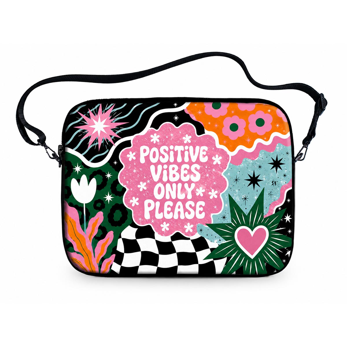 Positive Vibes Only Please laptop sleeve with bold text flowers and stars with carrying strap