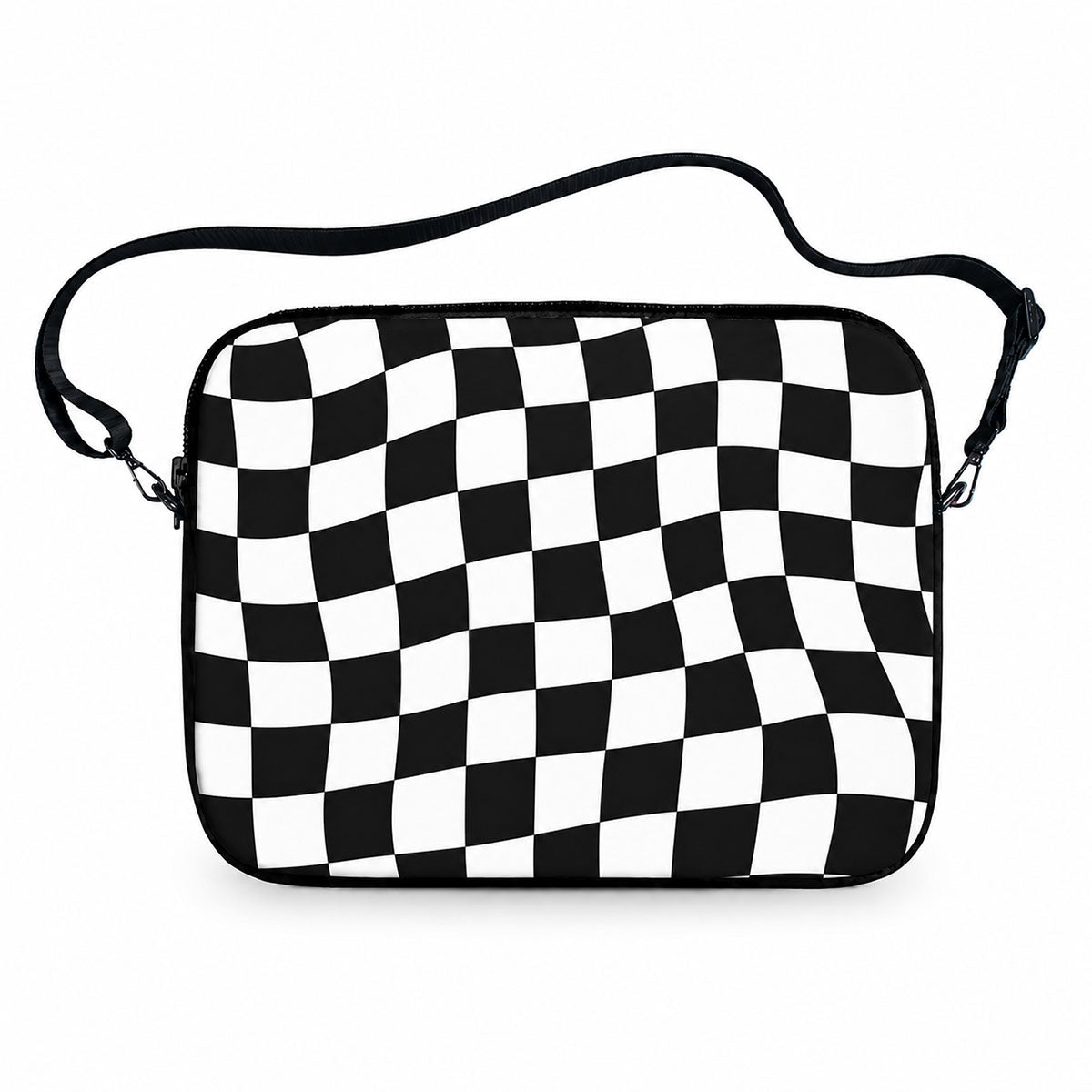 Trippy Check laptop sleeve with warped black and white checkerboard with carrying strap
