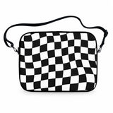 Trippy Check laptop sleeve with warped black and white checkerboard with carrying strap