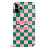 Whatever phone case with pink and green checkerboard and bold pink script text