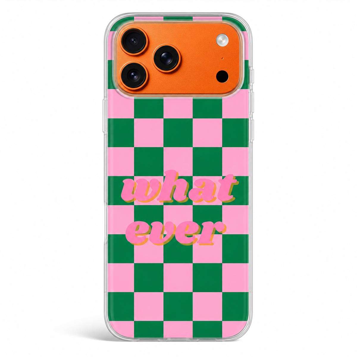 Whatever phone case pink green checker angle view