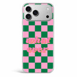 Whatever phone case pink green checker back view