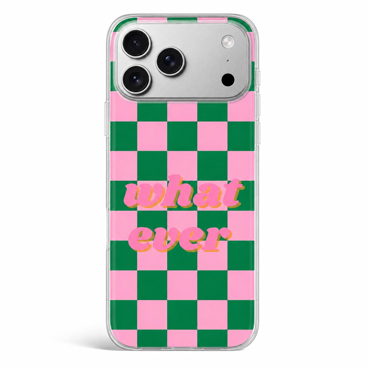 Whatever phone case pink green checker back view