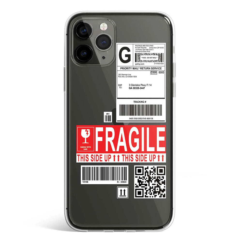 Fragile phone case with playful shipping label typography, Gebly Egypt